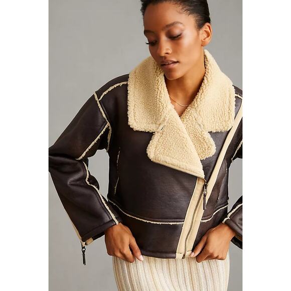 Anthropologie Jackets & Blazers - Pilcro by Anthropologie Faux Leather Jacket Womens Size XL Brown Sherpa-Lined